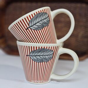 Vtg Red Stripe Coffee Retro Mugs Gray Leaf Design Set of 2 Unique Original Mugs